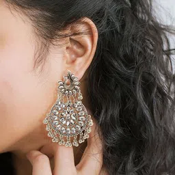 DEGHLAM Oxidised Artificial Stones Studded Peacock Shaped Drop Earrings-image-52