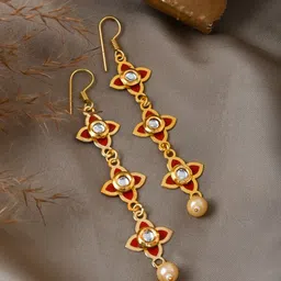 TEEJH Gold-Plated Stone-Studded & Beaded Floral Drop Earrings-6