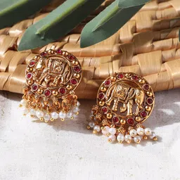 Jazz and Sizzle Red & Gold-Toned Elephant Shaped Drop Earrings-18