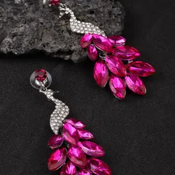 DressBerry Silver-Plated Peacock Shaped Stone Studded Drop Earrings-image-35