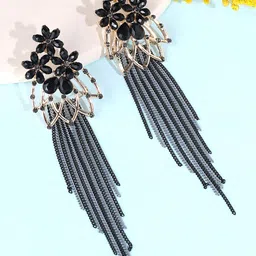 Yellow Chimes Black Floral Shaped Crystal Long Chain Dangler Earrings-image-20