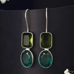 Saraf RS Jewellery Rhodium-Plated Oxidised Green Fishhook Minimal Drop Earrings-16