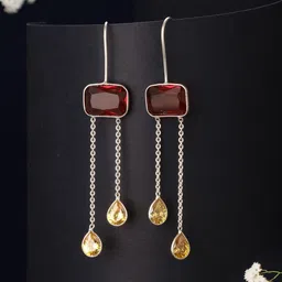 Saraf RS Jewellery Silver-Plated Red Ruby Crystal Dropdown Minimal Fishhook Earring-4