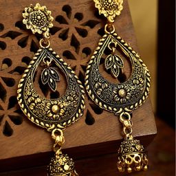 ANIKAS CREATION Gold-Toned Teardrop Shaped Antique Drop Earrings-image-17
