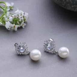 SOHI Silver-Plated Stone Studded Designer Contemporary Drop Earrings-56