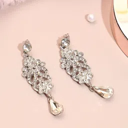 SOHI Silver-Plated Contemporary Stone Studded Drop Earrings-94