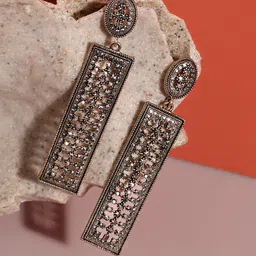 SOHI Gold-Plated Stone Studded Geometric Drop Earrings-3