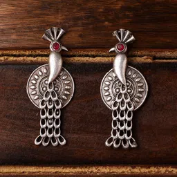 VENI Silver-Plated Stone-Studded Peacock-Shaped Drop Earrings-49