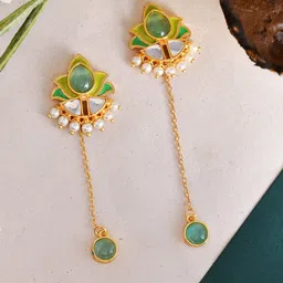 Voylla Gold-Pleated Stones and Pearls Enamelled Drop Earrings-15