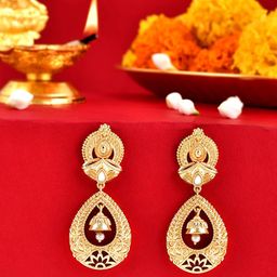 Voylla Aradhana Saudamini Gold-Plated Contemporary Temple Drop Earrings-image-53
