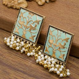 PANASH Gold-Toned & Sea Green Contemporary Drop Earrings-image-21