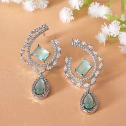ZENEME Rhodium-Plated AD Studded Drop Earrings-10