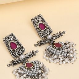 OOMPH Stone-Studded Beaded Oxidised Drop Earrings-37