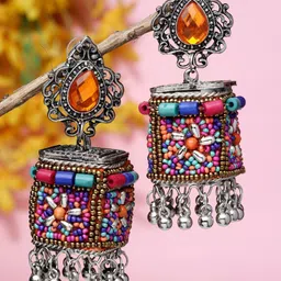 Moedbuille Silver-Plated Crystals Studded & Beaded Contemporary Drop Earrings-image-73
