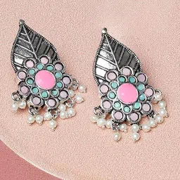 OOMPH Oxidised Floral Drop Earrings-15