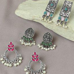OOMPH Set Of 3 Stones Studded & Beads Beaded Oxidised Floral Drop Earrings-39