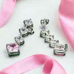 Designs & You Silver-Plated Cubic Zirconia Studded Square Drop Earrings-4