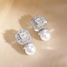 Rubans Rhodium-Plated Zircon Studded Square Drop Earrings-image-66