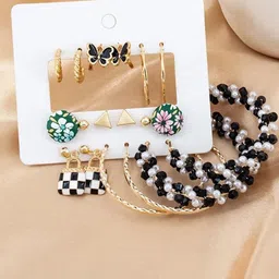 VIEN Set Of 9 Gold Plated Stainless Steel Hoop, drop & Studs Earrings-41