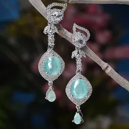 ZENEME Rhodium-Plated American Diamond Studded Teardrop Shaped Drop Earrings-92