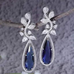 ZENEME Rhodium-Plated American Diamond Studded Teardrop Shaped Drop Earrings-87