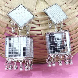 VAGHBHATT Silver-Plated Square Shaped Beaded Mirror Work Jhumkas-picture-7