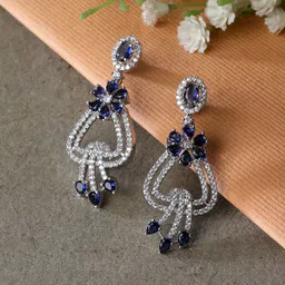ZENEME Rhodium-Plated American Diamond Floral Drop Earrings-55