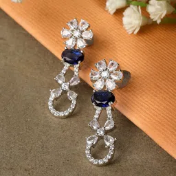 ZENEME Rhodium Plated Floral Shaped American Diamond Studded Drop Earrings-36