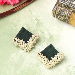 Yellow Chimes Green Pearl Beaded Geometric Fabric Studs Earrings-40