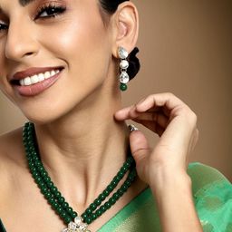 Peora Green & White Kundan & Beaded Necklace With Earrings-image-34