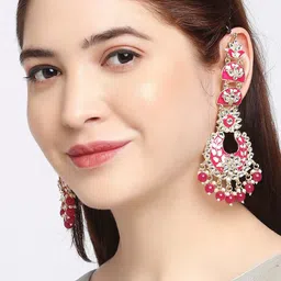 OOMPH Pink & White Floral Meenakari Chandbalis Earrings-36