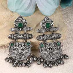 Anouk Green Stone Studded Silver-Plated Oxidised Classic Chandbalis Earrings-image-21