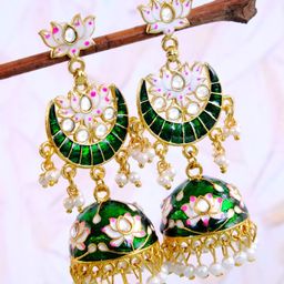 Crunchy Fashion Gold-Plated & Green Contemporary Lotus Style Chandbalis Earrings-image-78