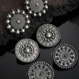 PANASH Silver-Toned Set of 3 Oxidized Circular Studded Earrings-image-13