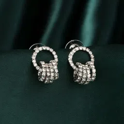 Yellow Chimes White & Silver-Toned Crystal Studs Small Rings Attached Elegant Earrings-image-46