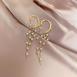 Yellow Chimes Gold Tone Earcuffs With Linear Pearl Studded Tassel Chain Earrings-42