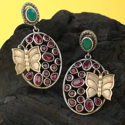 Sangria Green Silver-Plated Stone Studded Oval Oxidised Drop Earrings-image-17