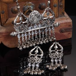 Arrabi Oxidised Metallic-Toned & White Stone-Studded Ghungaroo Jewellery Set-image-89