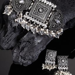 Arrabi Oxidised Silver-Toned & White Beaded Jewellery Set-picture-48