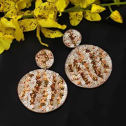 Bellofox Copper-Toned & White Sequined Fabric Circular Drop Earrings-image-42