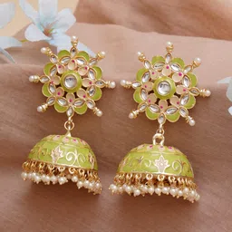 KARATCART Lime Green & Gold-Plated Classic Jhumkas Earrings-image-42