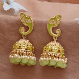 KARATCART Lime Green & Gold-Plated Lord Ganesha Classic Jhumkas Earrings-38