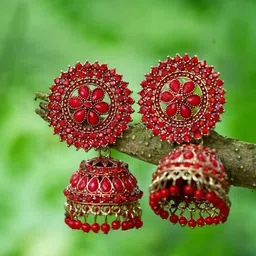 DIVASTRI Gold-Plated Stone Studded & Beaded Dome Shaped Jhumkas-image-53