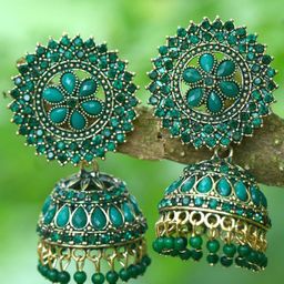 DIVASTRI Gold-Plated Stone Studded & Beaded Dome Shaped Jhumkas-image-67