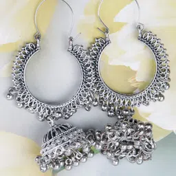 VAGHBHATT Silver Plated Oval Jhumkas Earrings-8
