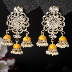 ADIVA Gold-Plated Kundan-Studded Dome Shaped Jhumkas-image-3