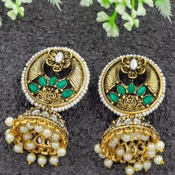 PRIVIU Gold-Toned Dome Shaped Kundan Studded Jhumkas-4