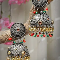 Moedbuille Silver-Plated Beaded Crystal Studded Dome Shaped Jhumkas-image-9