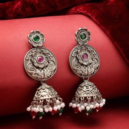 ADIVA Silver-Plated Floral Jhumkas Earrings-0