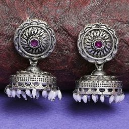 OOMPH Silver Plated Dome Shaped Stone Studded & Beaded Jhumkas-55